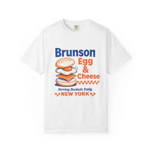 White t-shirt with Brunson Egg & Cheese graphic design on a white background