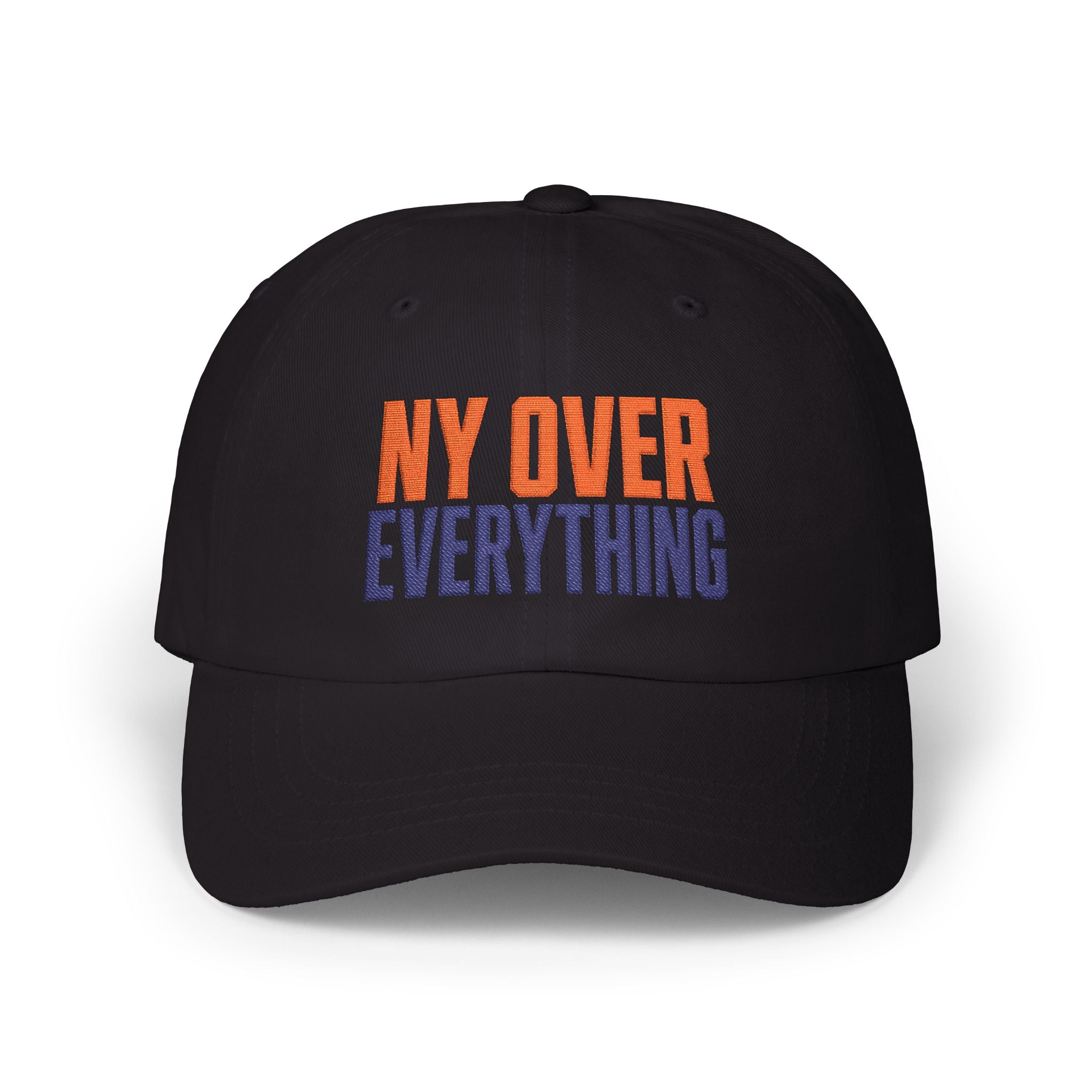Black NY Over Everything embroidered dad hat front view