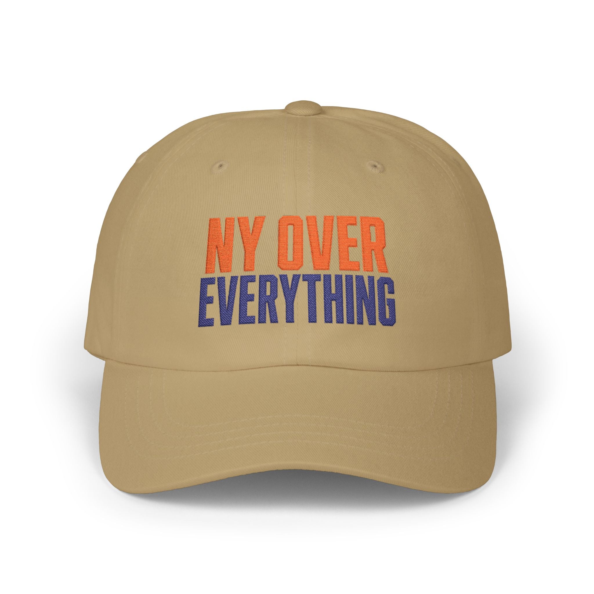 Khaki NY Over Everything embroidered dad hat front view