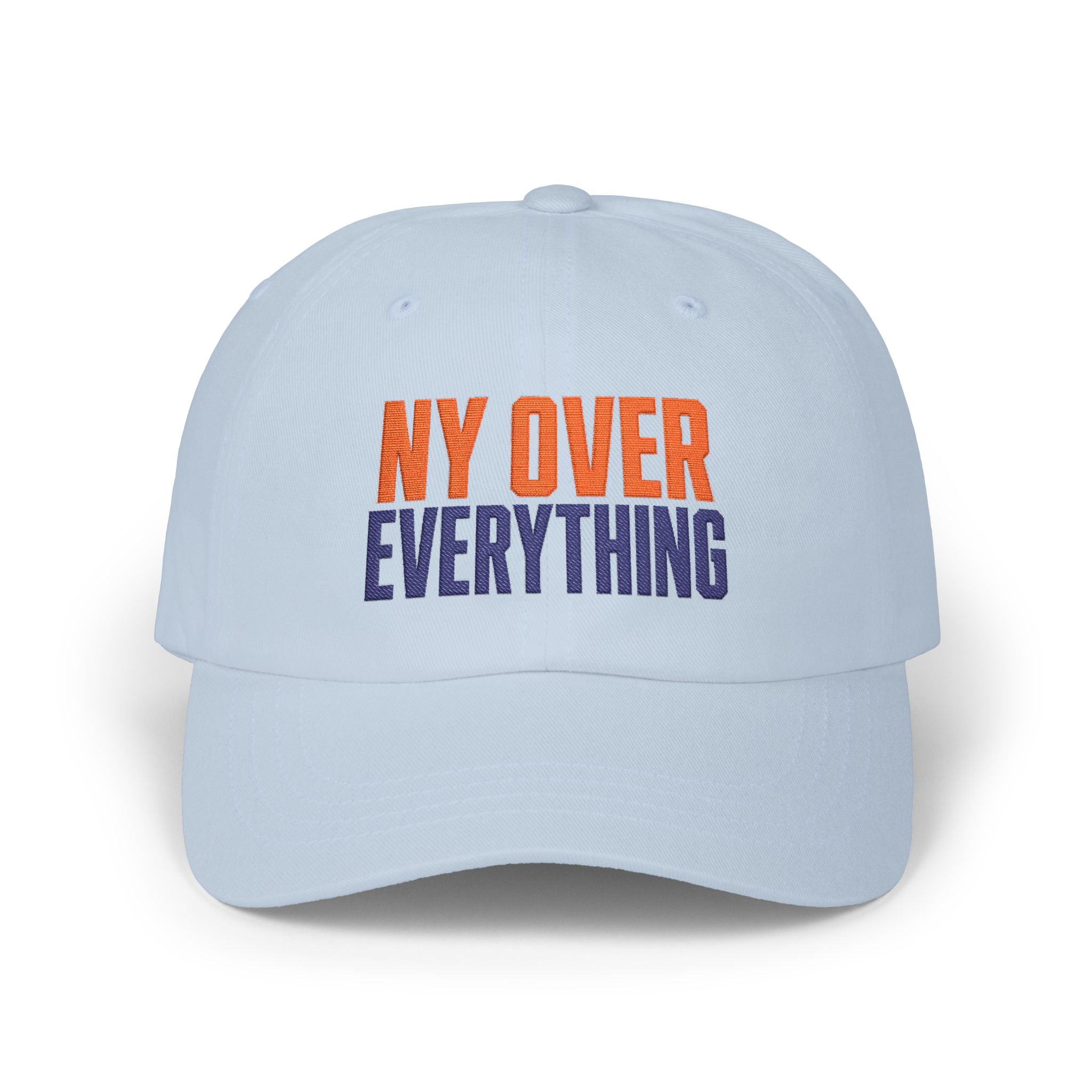 Light blue NY Over Everything embroidered dad hat front view