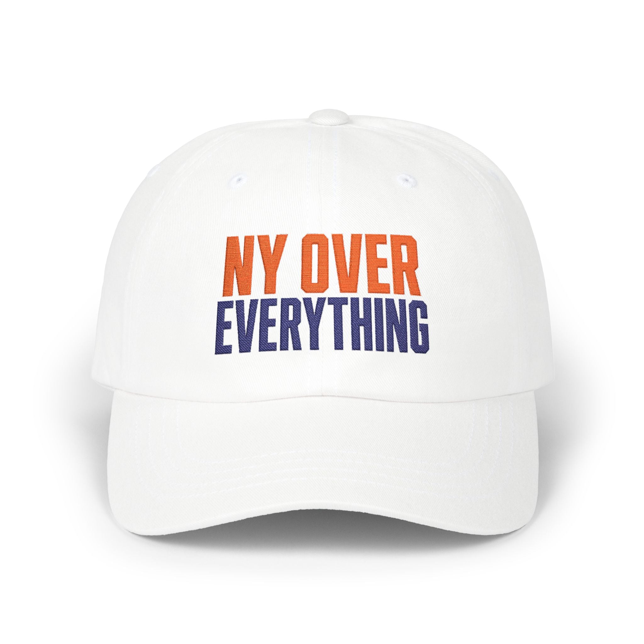 White NY Over Everything embroidered dad hat front view